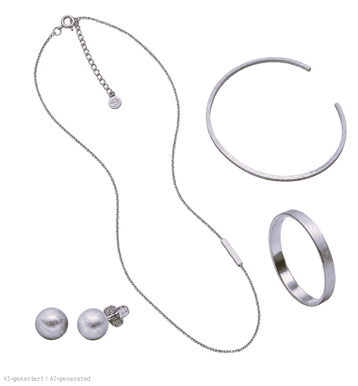 Ein Set aus vier matten Silberschmuckstücken: eine feine Halskette mit Stäbchen-Anhänger, eine offene Armspange, ein schmaler Bandring und ein Paar Kugel-Ohrstecker.