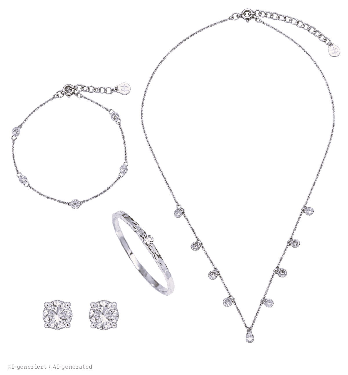 Ein Set aus vier aufeinander abgestimmten Silberschmuckstücken mit Zirkonia-Besatz: eine Choker-Kette mit Anhängern, ein feines Armband, ein gehämmerter Ring und ein Paar runde Ohrstecker.