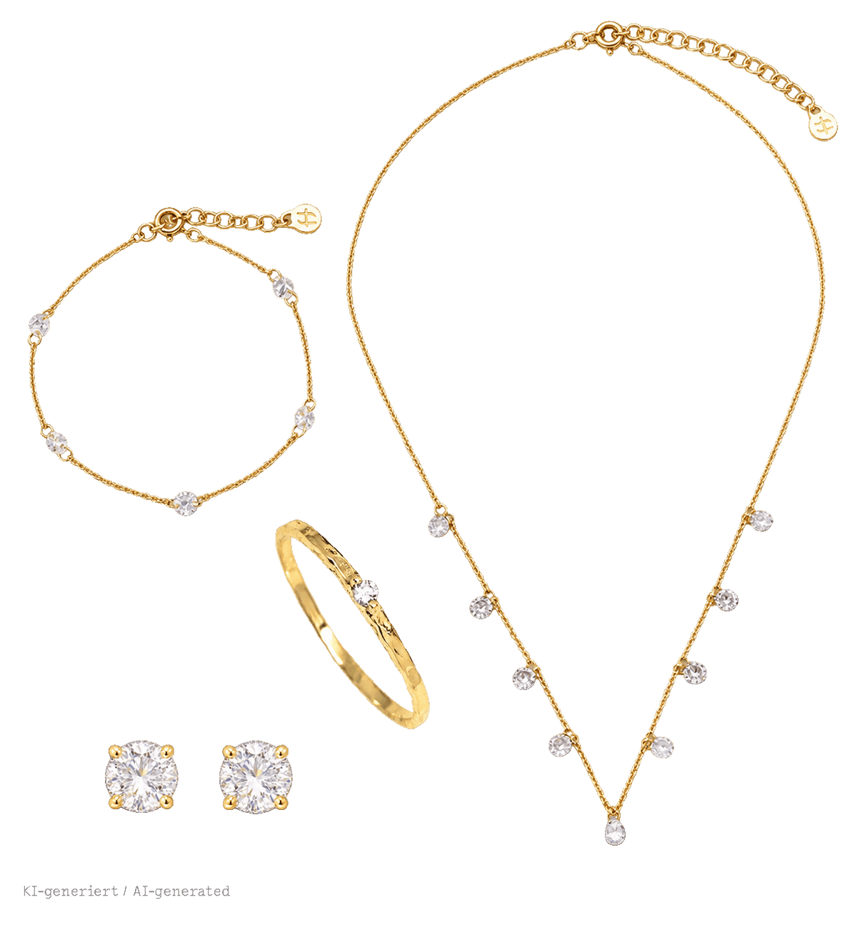 Ein Set aus vier aufeinander abgestimmten Goldschmuckstücken mit Zirkonia-Besatz: eine Choker-Kette mit Anhängern, ein feines Armband, ein gehämmerter Ring und ein Paar runde Ohrstecker.