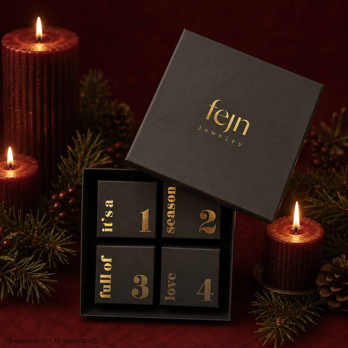 fejn jewelry Adventskalender Urban Edition – Schwarze Schmuck-Geschenkbox mit 4 nummerierten Schachteln in goldener Schrift vor weihnachtlicher Hintergrundkulisse mit Kerzen.