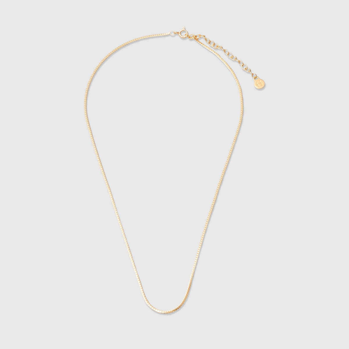 Flache goldene Choker-Schlangenkette mit Karabinerverschluss, Verlängerungskette und einem kleinen, runden Logo-Plättchen vor hellem Hintergrund.