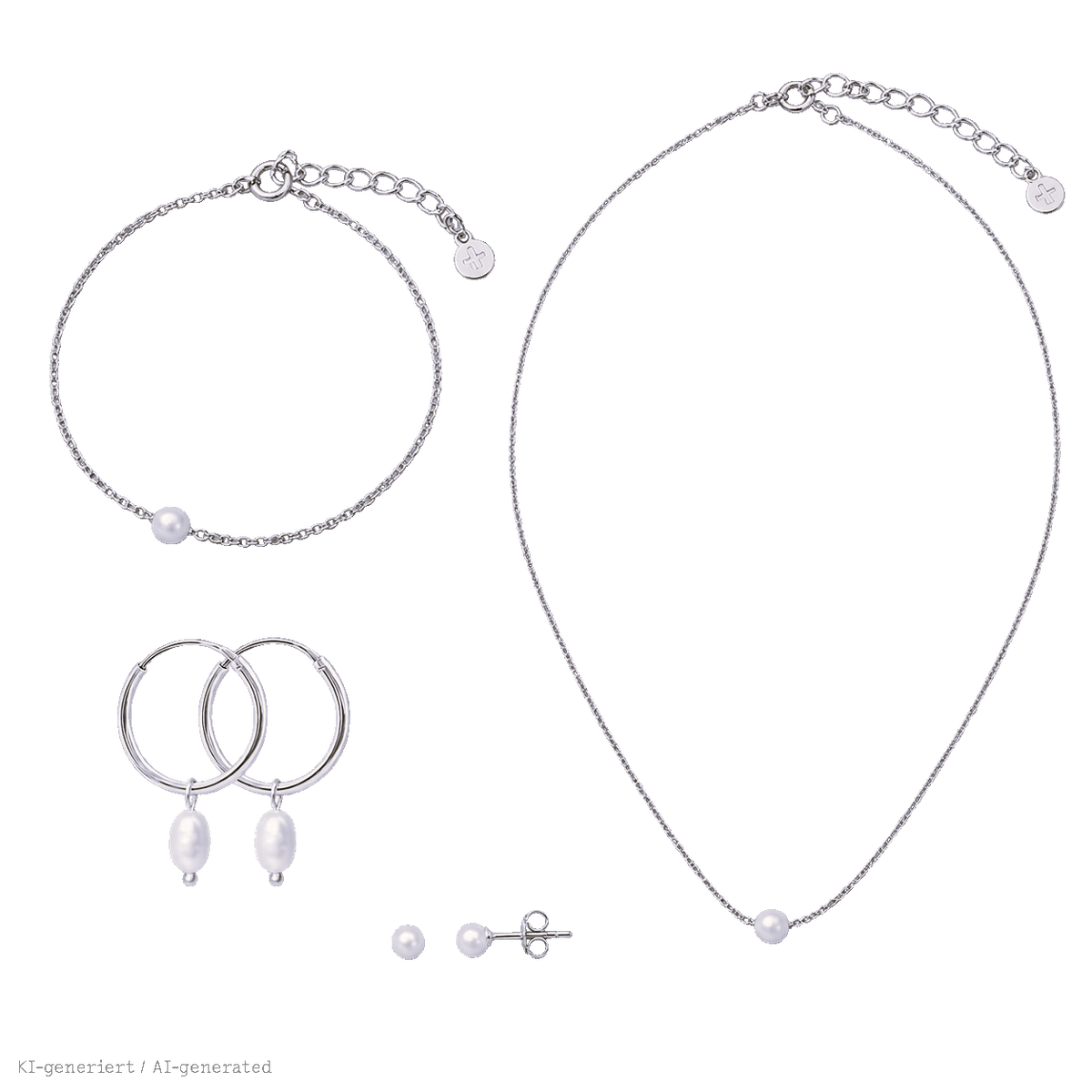 Ein Set aus vier aufeinander abgestimmten Perlen-Schmuckstücken in Silber: eine feine Halskette, ein Gliederkette-Armband, Creolen mit Perlenanhängern und schlichte Perlen-Ohrstecker.