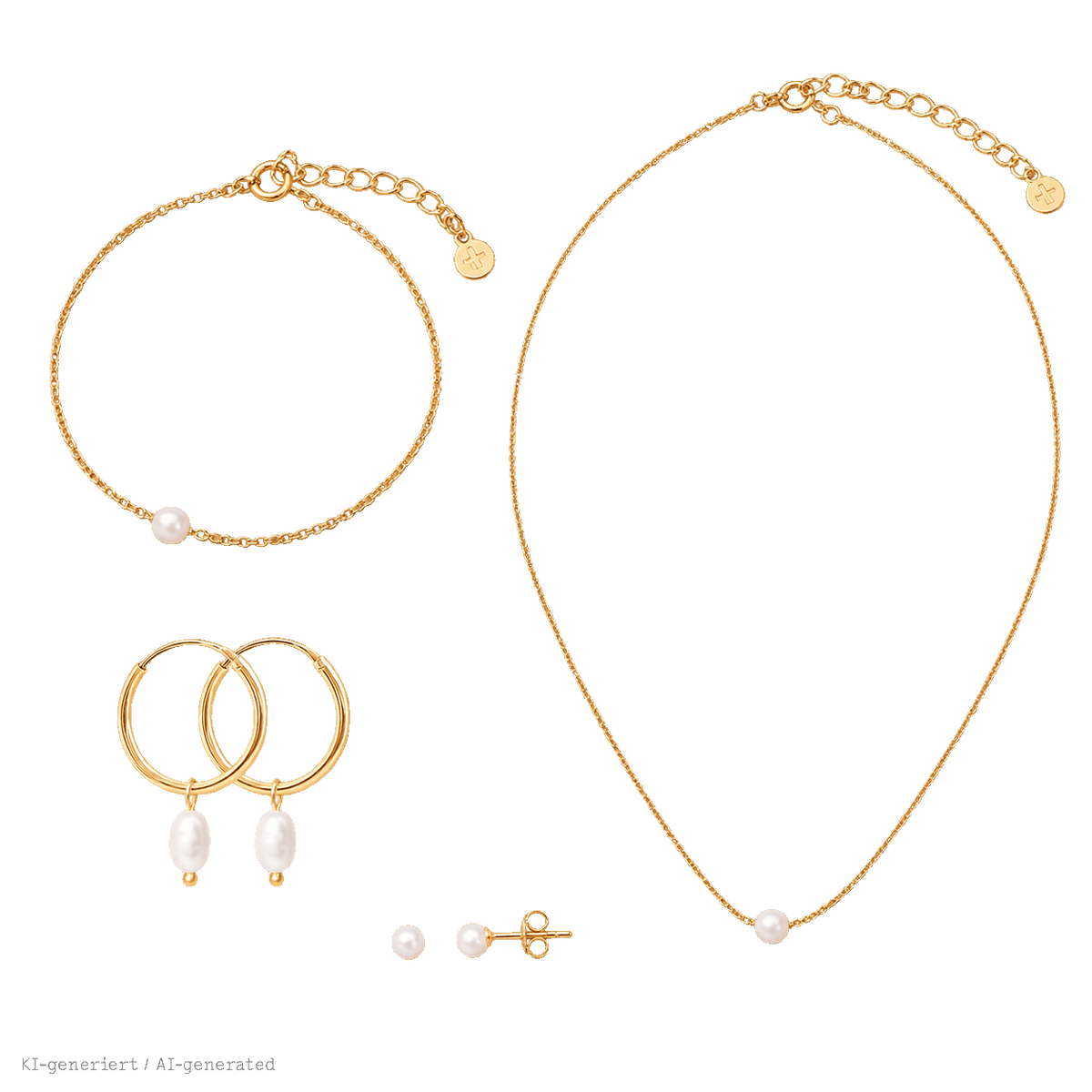 Ein Set aus vier aufeinander abgestimmten Perlen-Schmuckstücken in Gold: eine feine Halskette, ein Gliederkette-Armband, Creolen mit Perlenanhängern und schlichte Perlen-Ohrstecker.