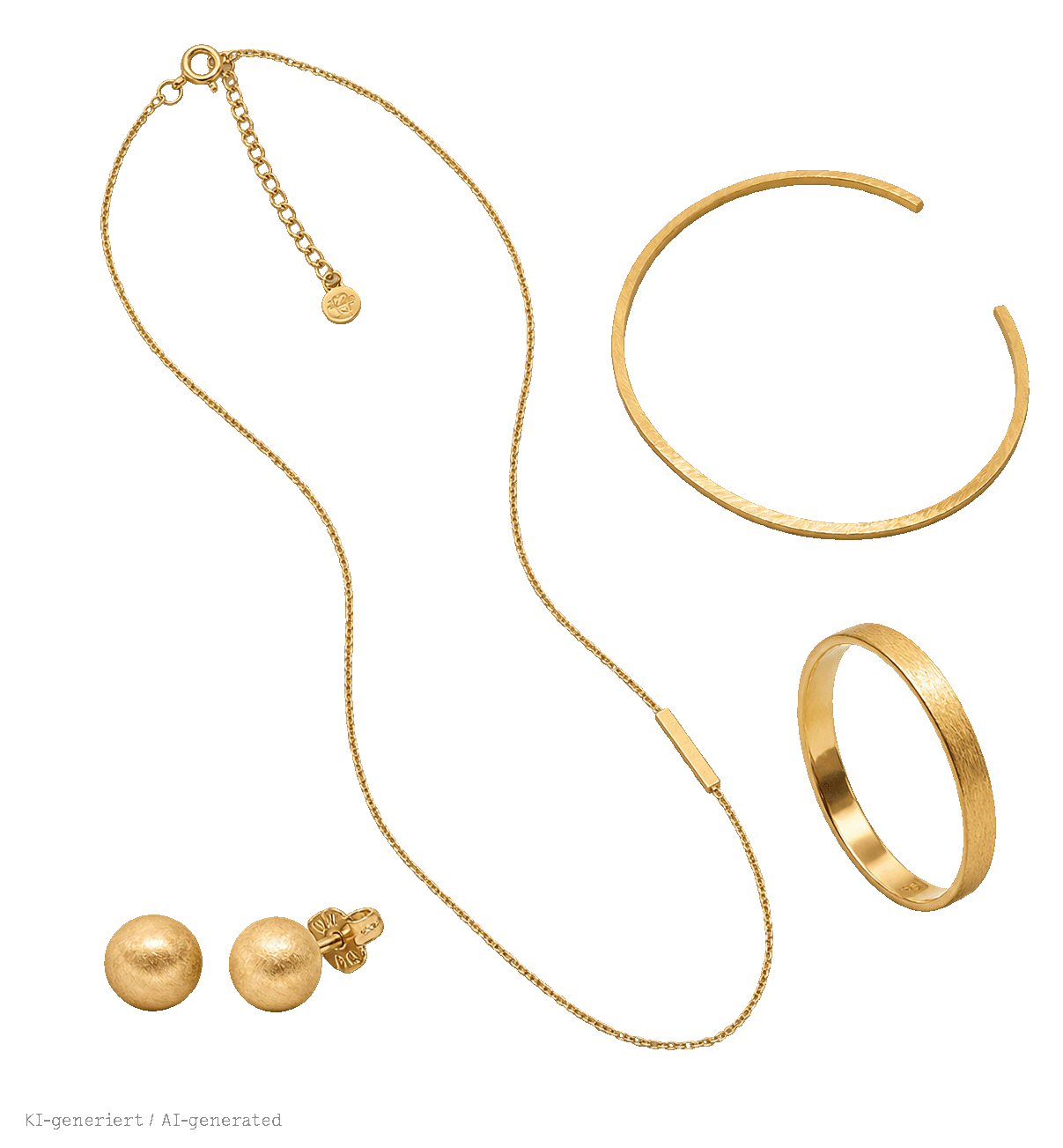Ein Set aus vier matten Goldschmuckstücken: eine feine Halskette mit Stäbchen-Anhänger, eine offene Armspange, ein schmaler Bandring und ein Paar Kugel-Ohrstecker.