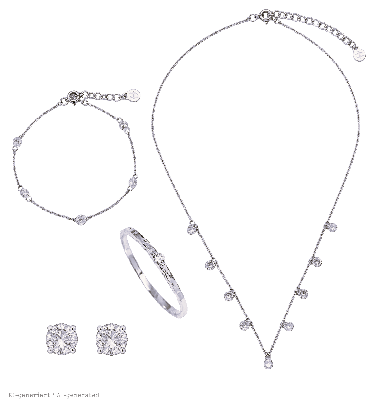 Ein Set aus vier aufeinander abgestimmten Silberschmuckstücken mit Zirkonia-Besatz: eine Choker-Kette mit Anhängern, ein feines Armband, ein gehämmerter Ring und ein Paar runde Ohrstecker.