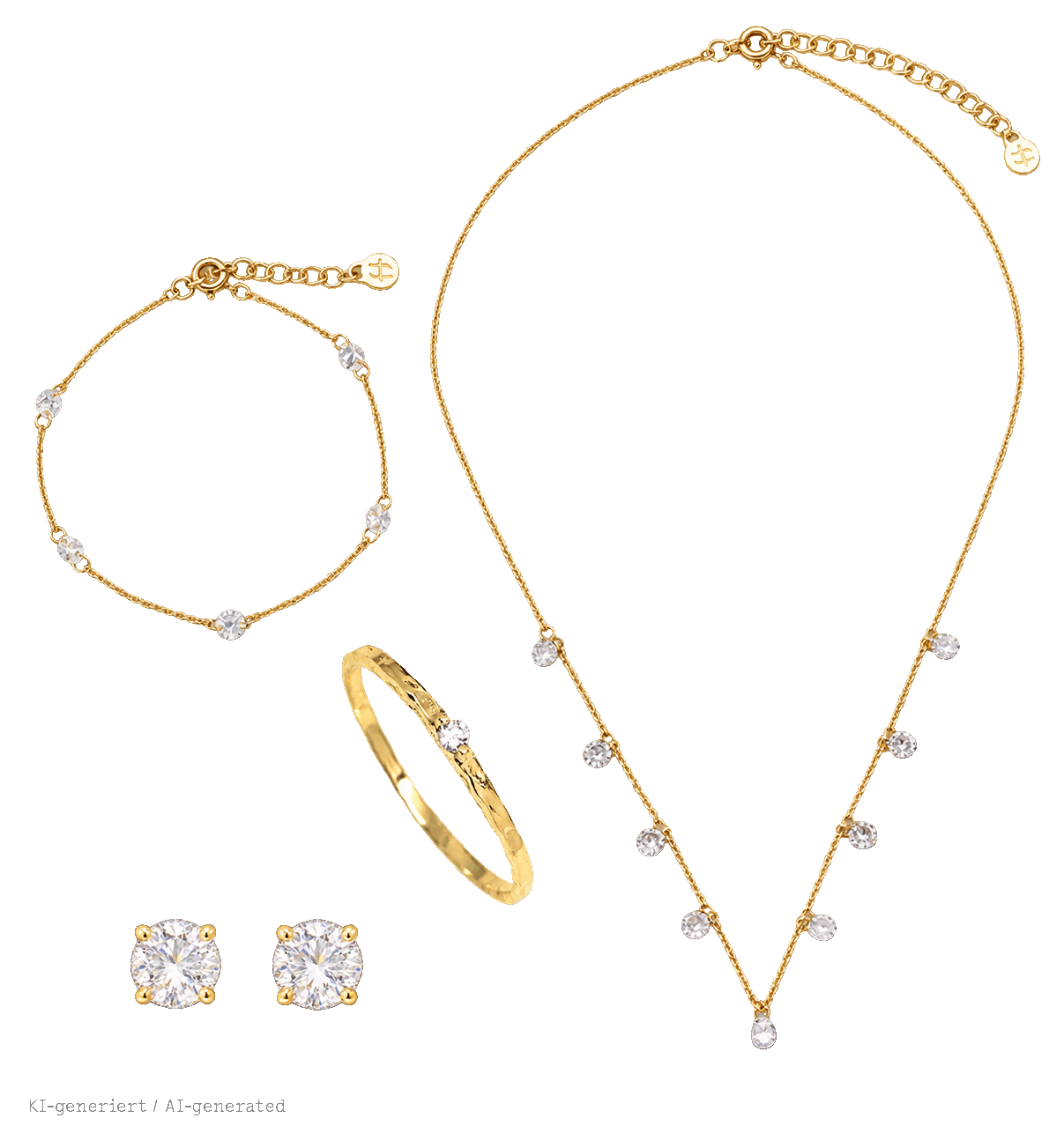 Ein Set aus vier aufeinander abgestimmten Goldschmuckstücken mit Zirkonia-Besatz: eine Choker-Kette mit Anhängern, ein feines Armband, ein gehämmerter Ring und ein Paar runde Ohrstecker.