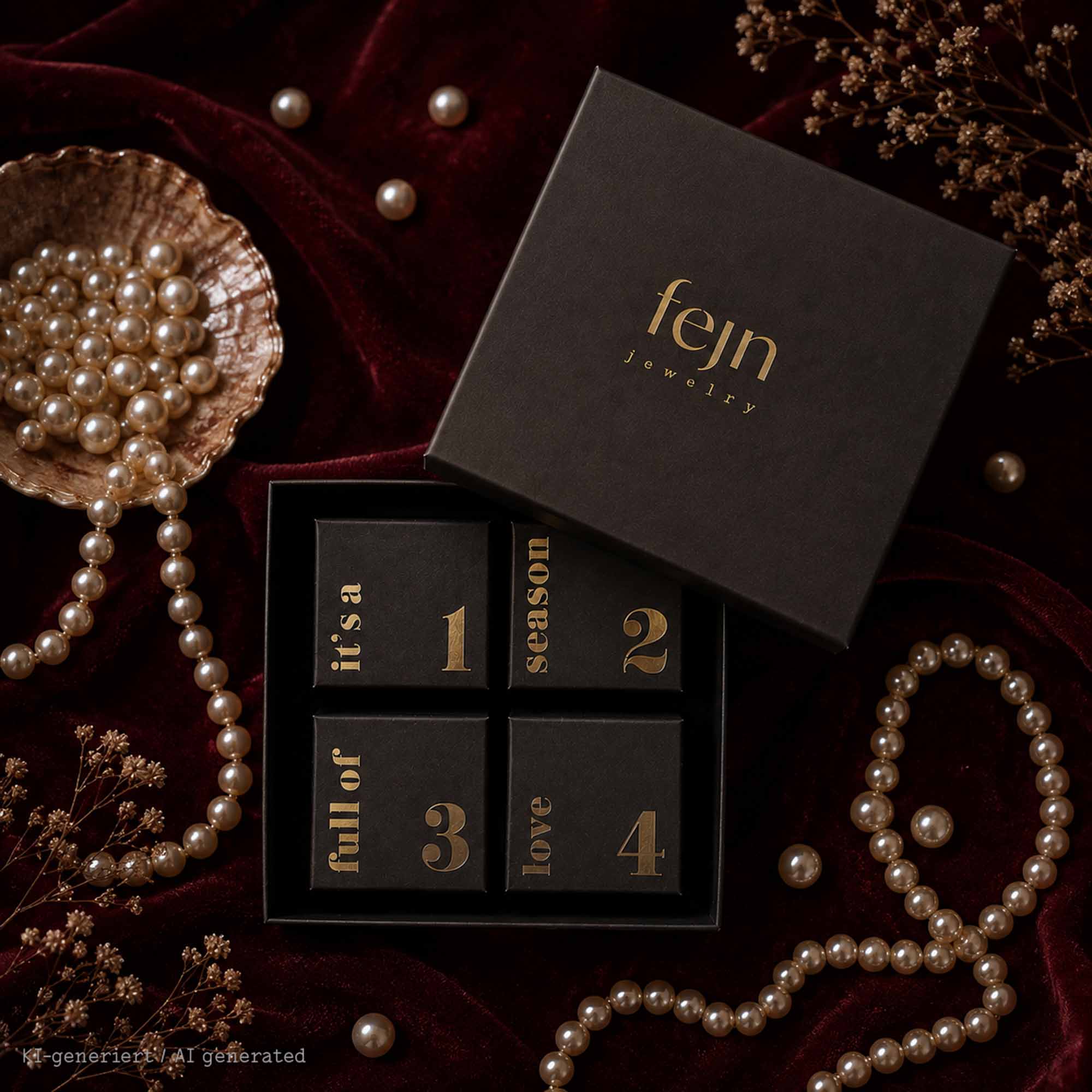 fejn jewelry Adventskalender  mit Perlenschmuck– Schwarze Schmuck-Geschenkbox mit 4 nummerierten Schachteln in goldener Schrift vor weihnachtlicher Hintergrundkulisse mit Perlen