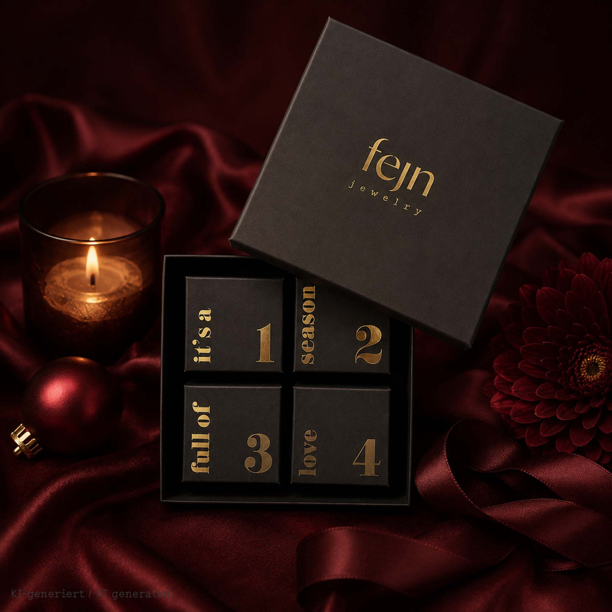 fejn jewelry Adventskalender  – Schwarze Schmuck-Geschenkbox mit 4 nummerierten Schachteln in goldener Schrift vor weihnachtlicher Hintergrundkulisse mit Kerzen.