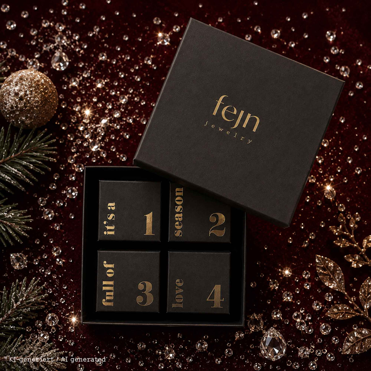 fejn jewelry Adventskalender Sparkle Edition – Schwarze Schmuck-Geschenkbox mit 4 nummerierten Schachteln in goldener Schrift vor weihnachtlicher Hintergrundkulisse