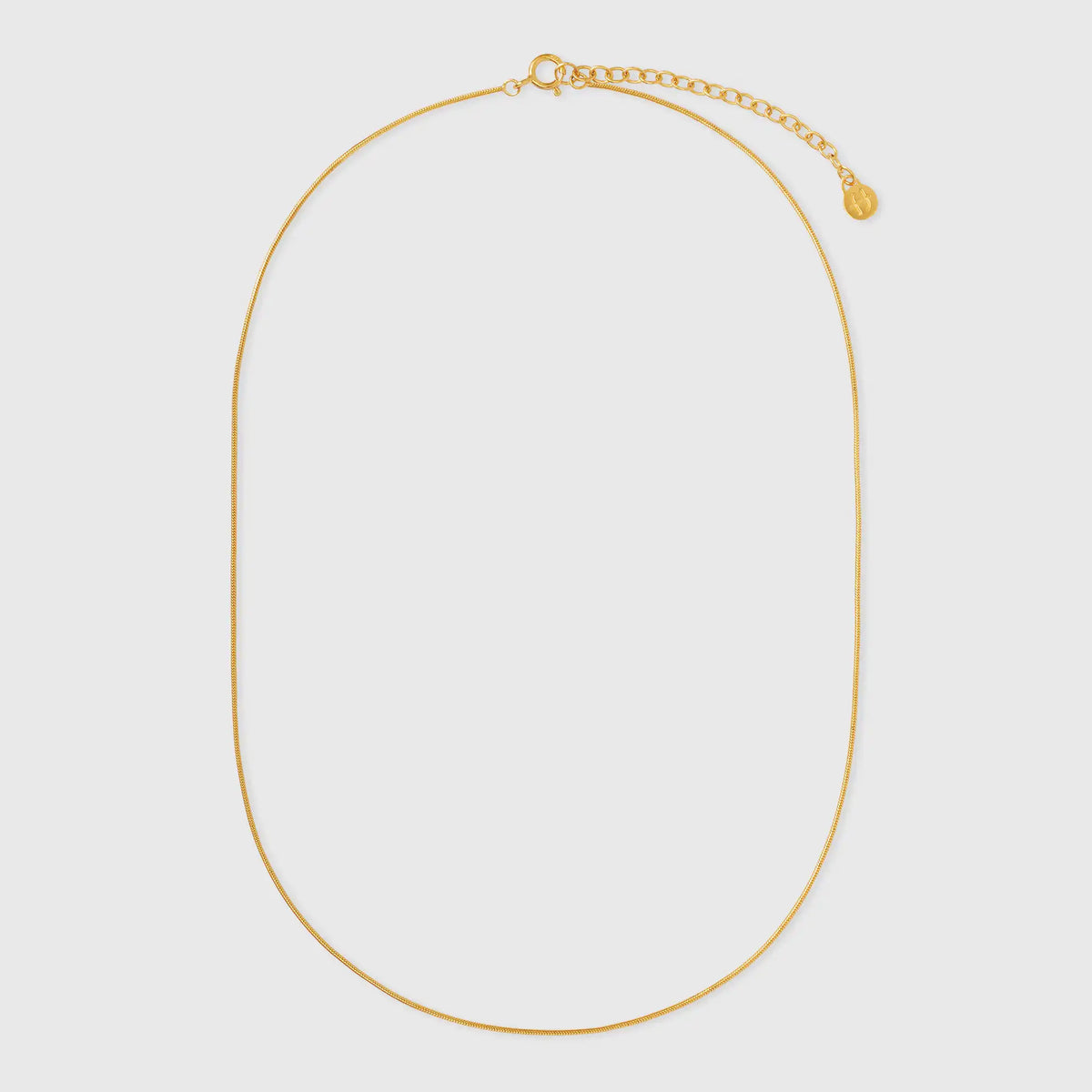 Filigrane, goldene Schlangenkette Snake Chain Necklace flach ausliegend mit Verschluss und Verlängerung von fejn jewelry.