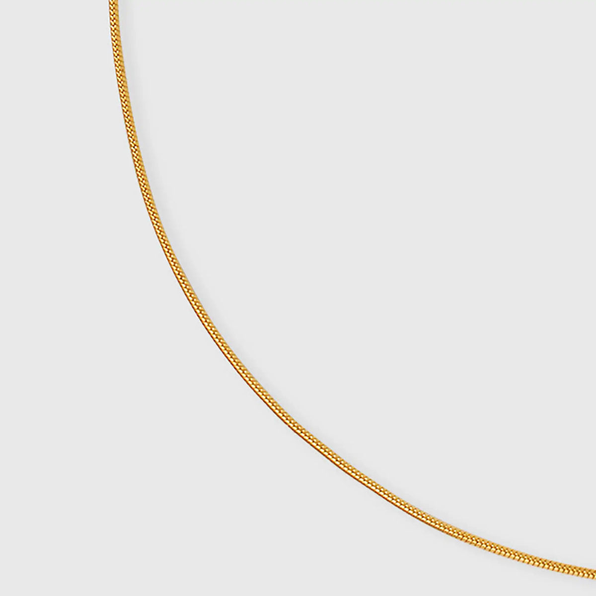 Detailaufnahme der flachen Struktur und der glänzenden Oberfläche der goldenen fejn Schlangenkette auf weißem Hintergrund.