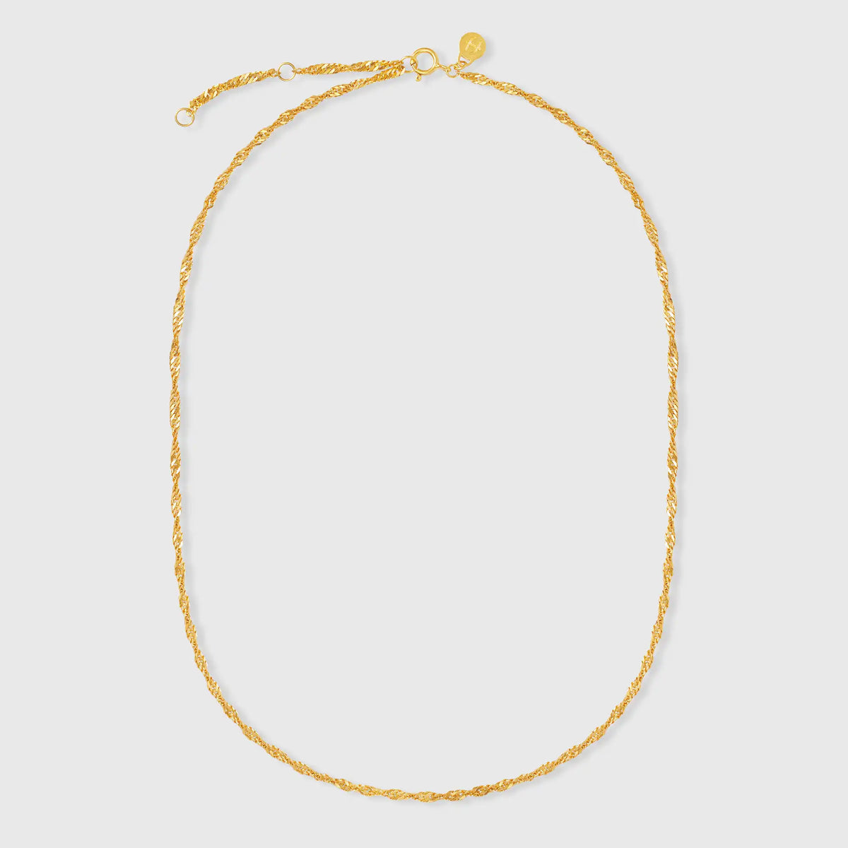 Filigrane gedrehte Gliederkette in Gold mit fejn Logo-Plättchen vor hellem Hintergrund